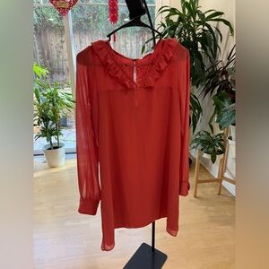 BCBGeneration Red Ruffle Lace-Inset Long Sleeve Shirt Dress